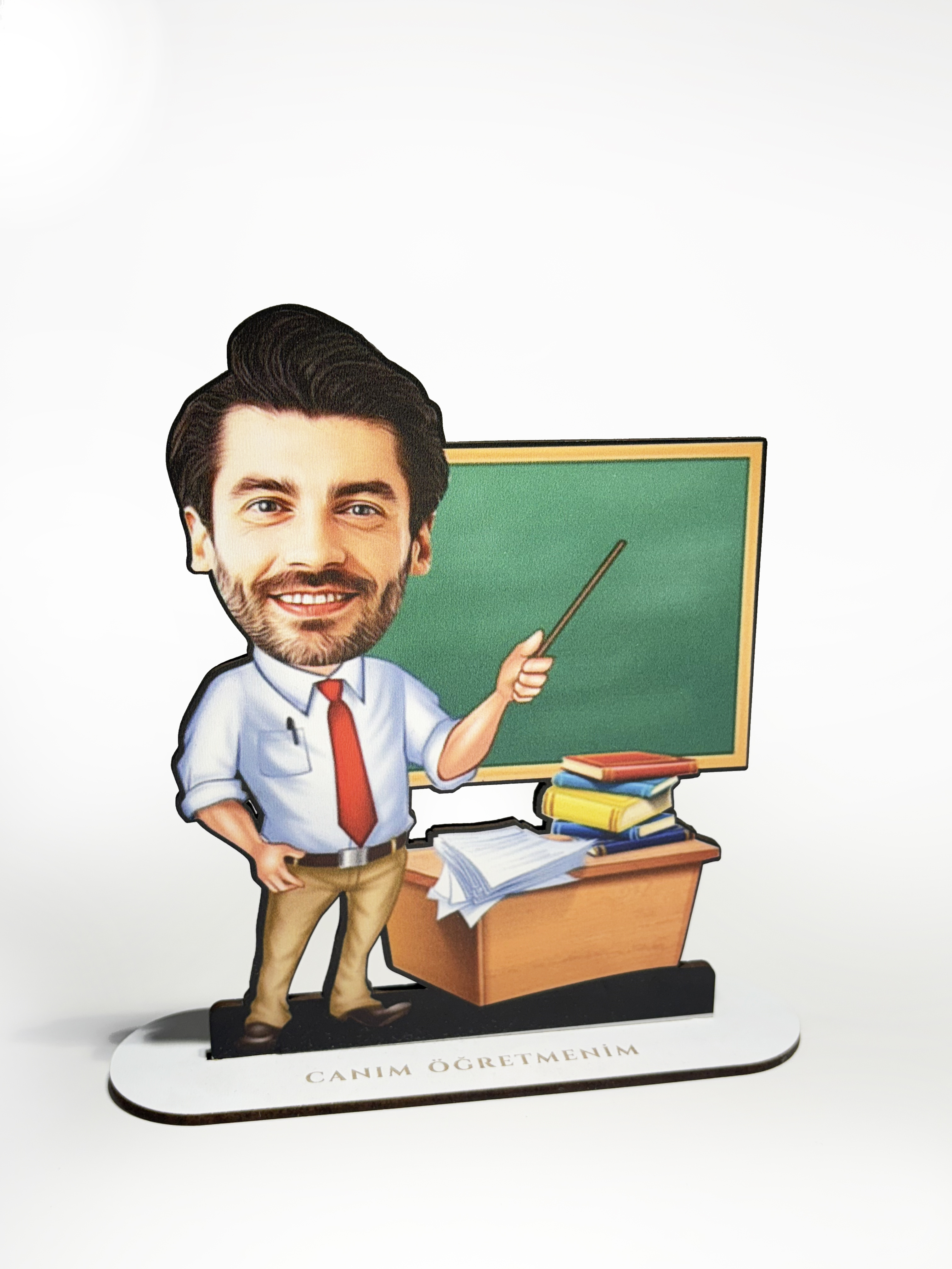Erkek Öğretmen Karikatür Biblosu - MDF Lazer Kesim (15 cm)